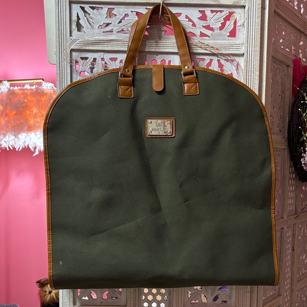 JM New York Olive Canvas Garment Bag with Tan Leather Trim